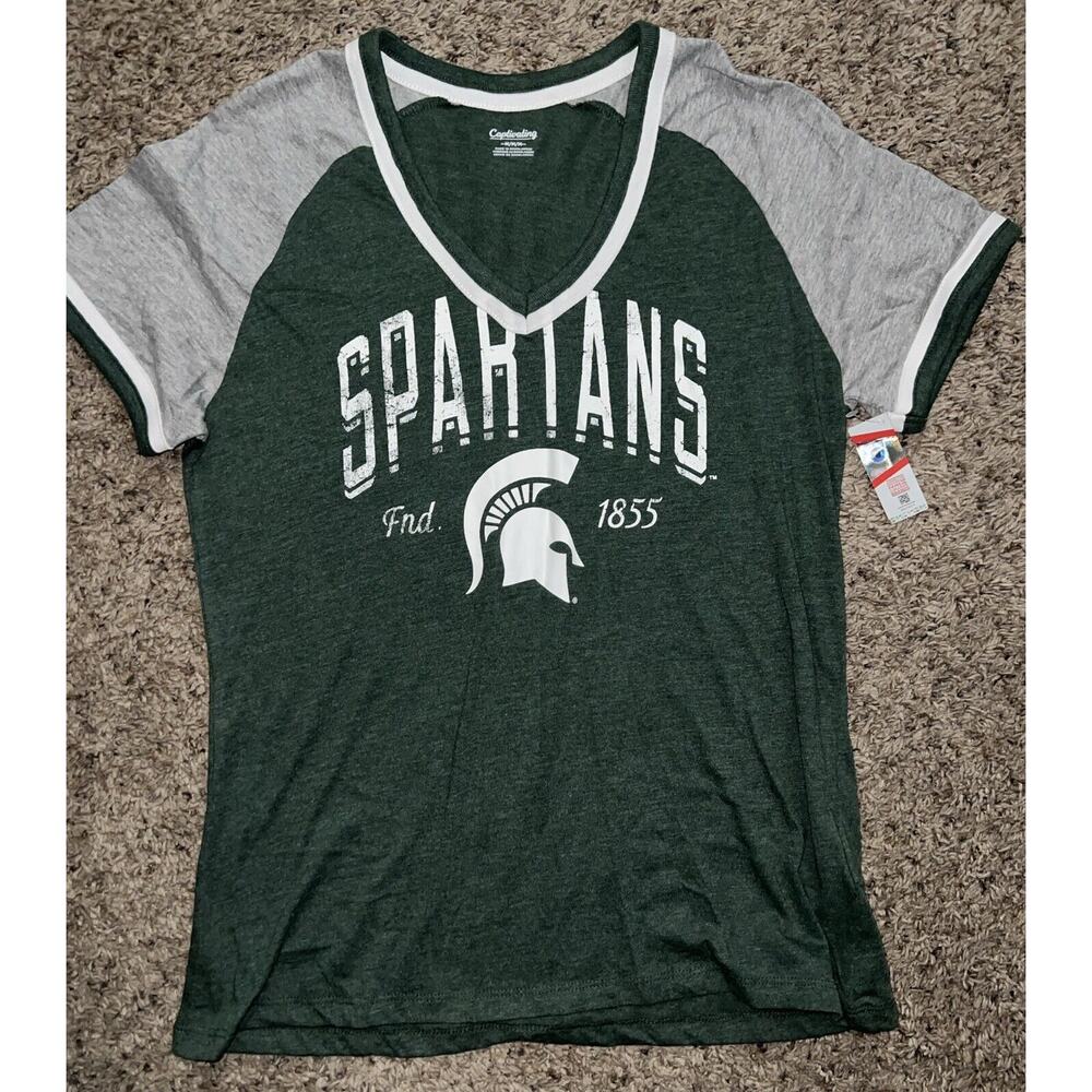 Women's Spartans Football V-Neck Short Sleeve T-Shirt, Green/Grey - Medium